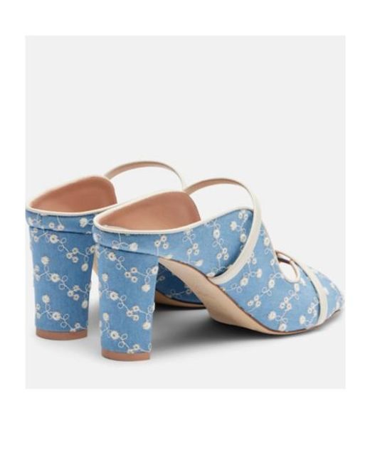 Malone Souliers Blue Norah 70 Leather-Trimmed Denim Mules