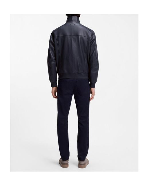 Boss Blue Zip-Up Leather Bomber Jacket for men