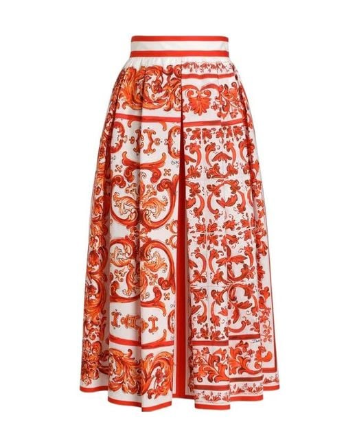 Dolce & Gabbana Red Majolica-Printed Poplin Pleated Midi Skirt