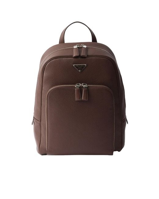 Prada Brown Triangle-Logo Zipped Backpack for men