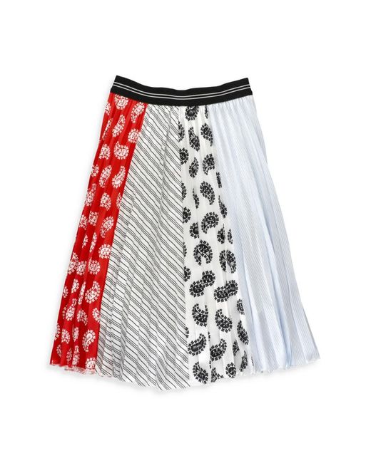 MSGM Red Teen Patchwork Pleated Midi Skirt