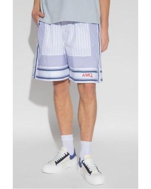 McQueen Blue Logo Embroidered Striped Shorts for men