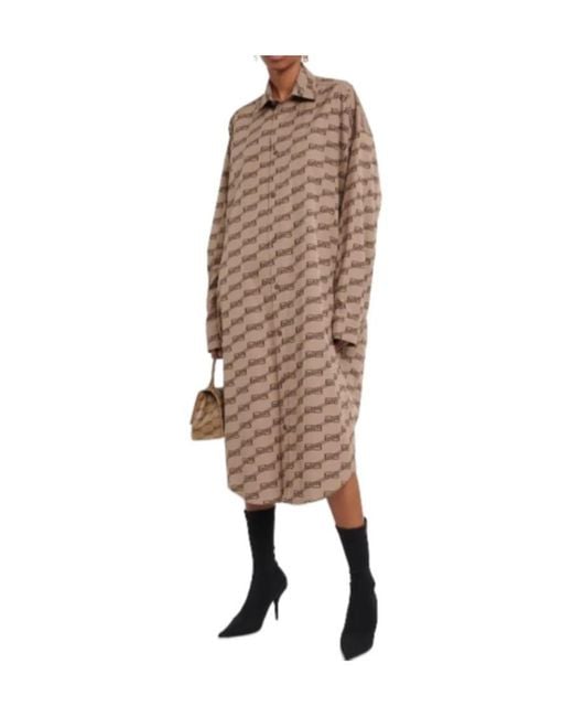 Balenciaga Natural All-Over Logo Printed Poplin Shirt Dress