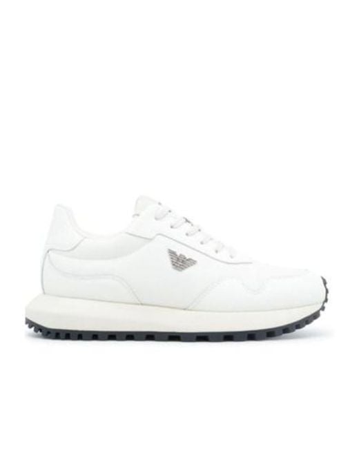 Emporio Armani White Logo Plaque Lace-Up Sneakers for men