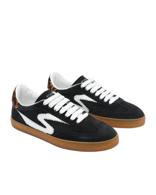 Stuart Weitzman Black Runaround Suede Leather Leopard-Print Detail Sneakers