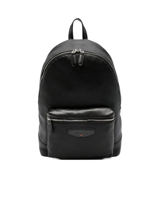 Santoni Black Leather Backpack for men