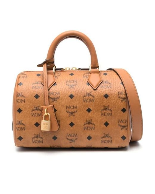 MCM Brown All-Over Logo Printed Zip-Up Tote Bag