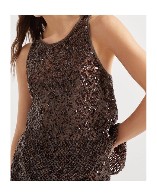 Brunello Cucinelli Brown Sequin-Embellished Mesh Top
