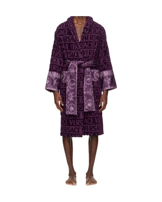 Versace Purple Logo-Print Belted Bathrobe for men