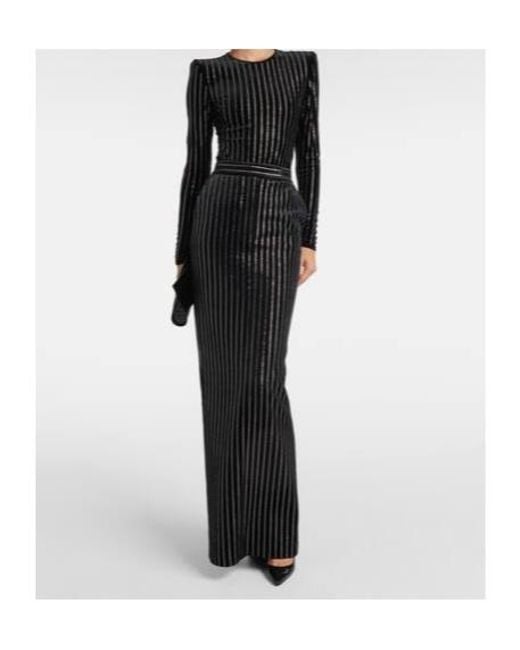 Alex Perry Black Column Embellished Pinstripe Velvet Maxi Skirt