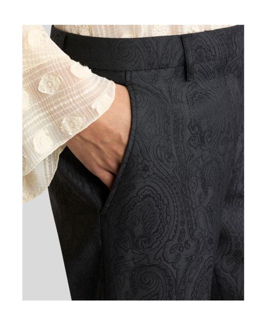 Etro Blue Wool Jacquard Trousers With Arnica Motif