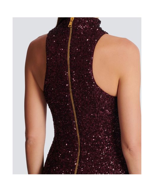 Balmain Purple High-Neck Sequin Embellished Dress