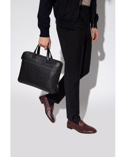 Ferragamo Black Logo Leather Briefcase for men