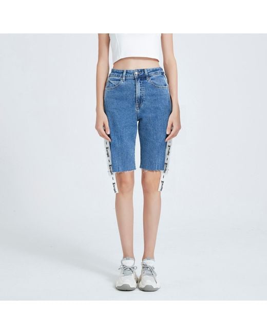 LIU REGALI Blue Long Ribbon Denim Shorts On The Side