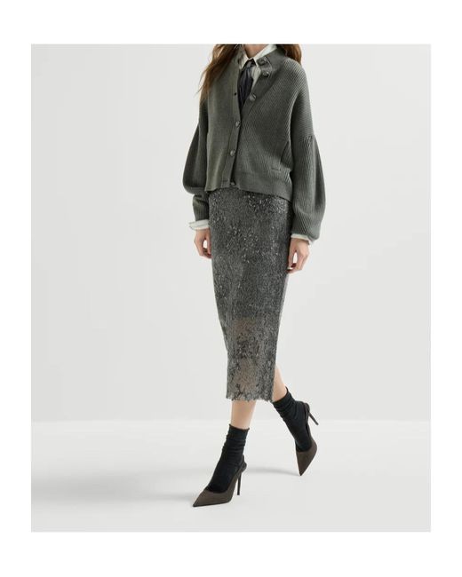 Brunello Cucinelli Gray Dazzling Lace-Embroidery Pencil Skirt