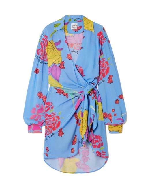 Donde Esteban Blue Cielo Floral-Print Crepe Mini Wrap Dress