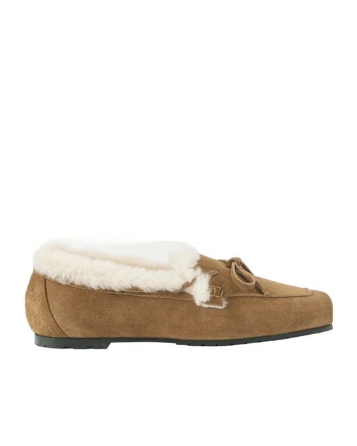 Aeyde Brown Jasper Bow-Detailed Shearling-Lined Suede Loafers
