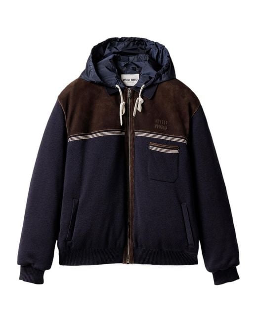 Miu Miu Blue Knit And Suede Down Jacket