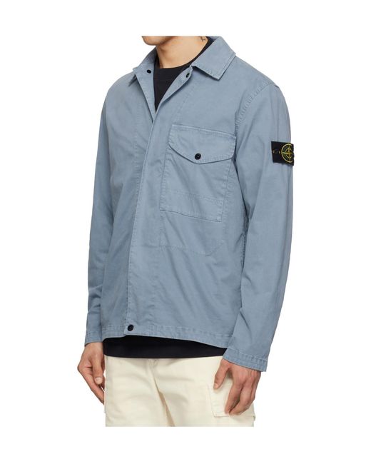 Stone Island Blue Logo Patch Long Sleeved Shirt Jacket for men