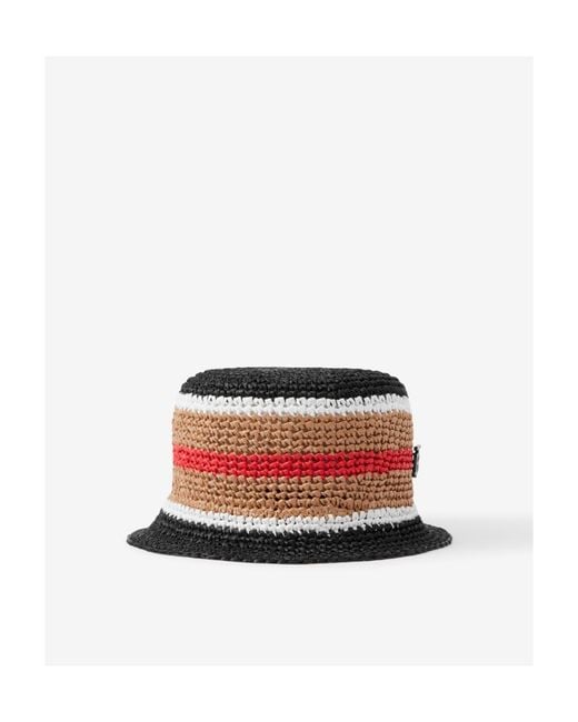 Burberry White Logo Plaque Striped Woven Bucket Hat