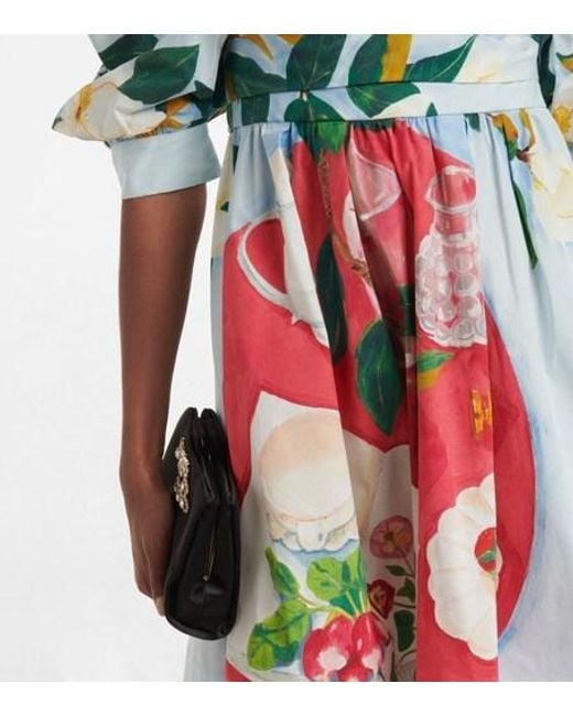 Oscar de la Renta White Tablescape Puff-Sleeve Cotton Poplin Minidress