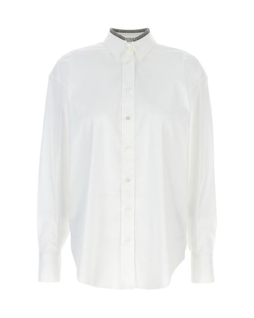 Brunello Cucinelli White Monili-Detailed Long-Sleeved Shirt