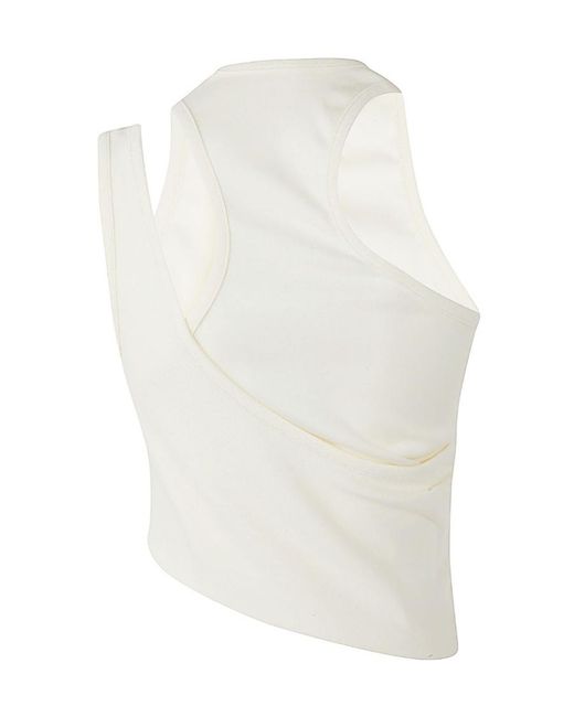 Low Classic White Asymmetric Ruched Tank Top
