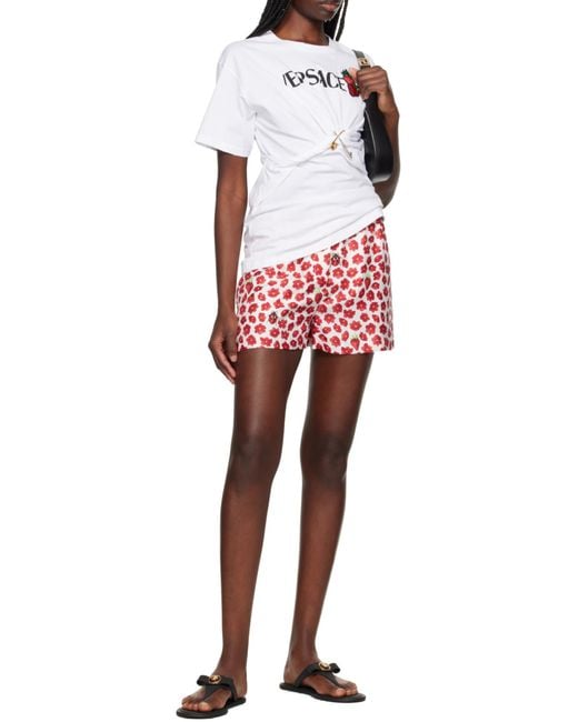 Versace Red Floral-Printed Elasticated Waistband Shorts