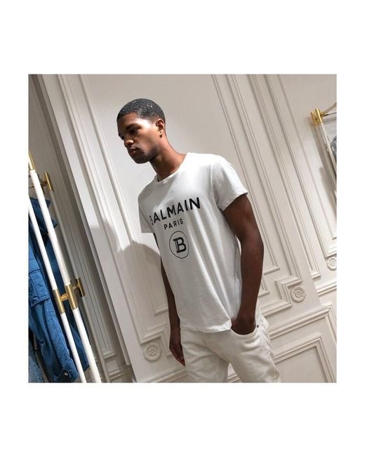 Balmain White Logo Printed T-Shirt for men