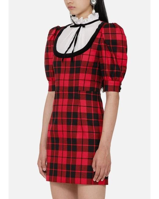 Alessandra Rich Red Plaid Short-Sleeved Wool Dress