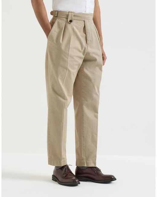 Brunello Cucinelli Natural Cotton Chevron Trousers With Double Pleats And Waist Tabs for men