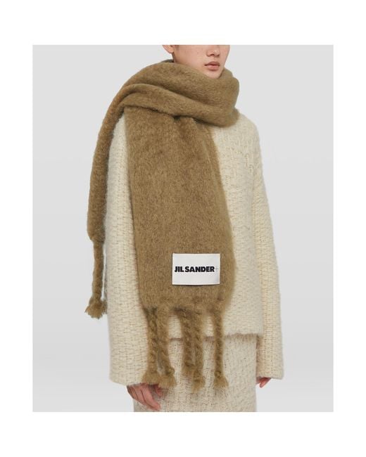 Jil Sander Green Logo Patch Fringed Scarf