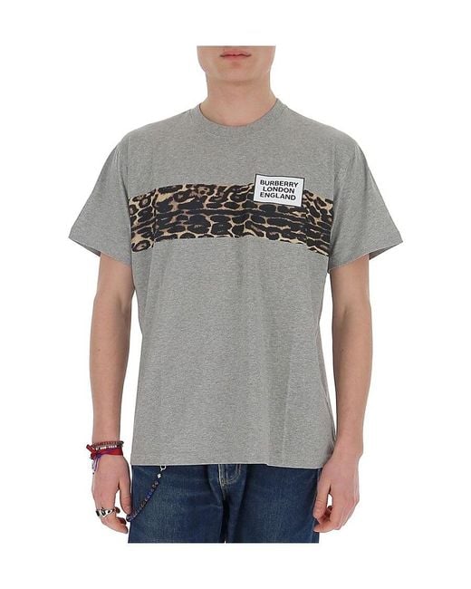 Burberry Gray Logo Leopard Print T-Shirt for men