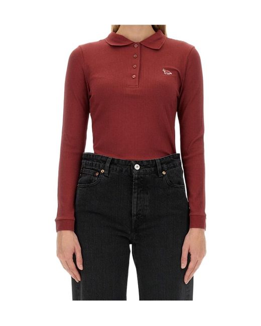 Maison Kitsuné Red Maison Kitsuné Ribbed Long Sleeved Polo Shirt