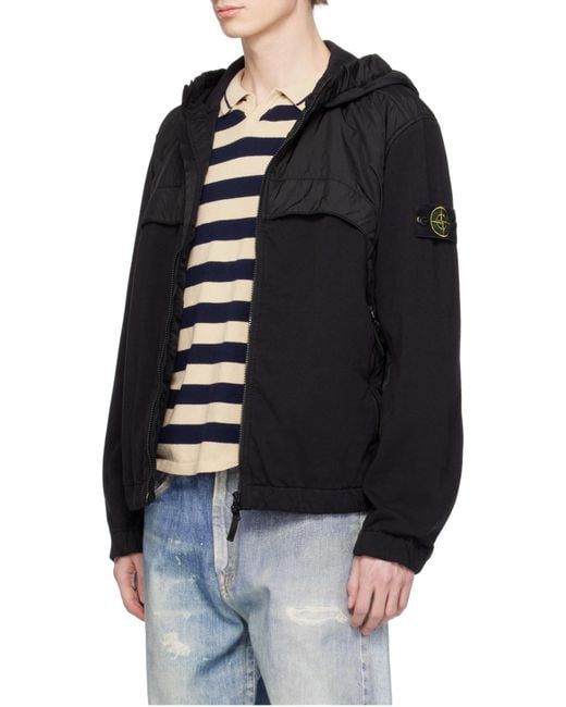 Stone Island Black Logo Patch Hooded Windbreaker for men