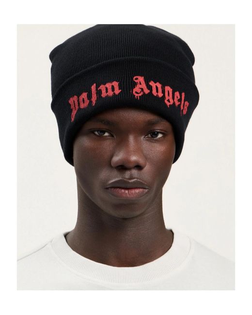 Palm Angels Black Dripping Logo Beanie Hat for men