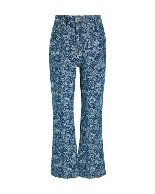 Ganni Blue Betzy Floral-Jacquard Bootcut Jeans