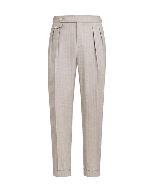 Brunello Cucinelli Gray Cashmere And Silk Chevron Trousers With Double Pleats And Waist Tabs for men