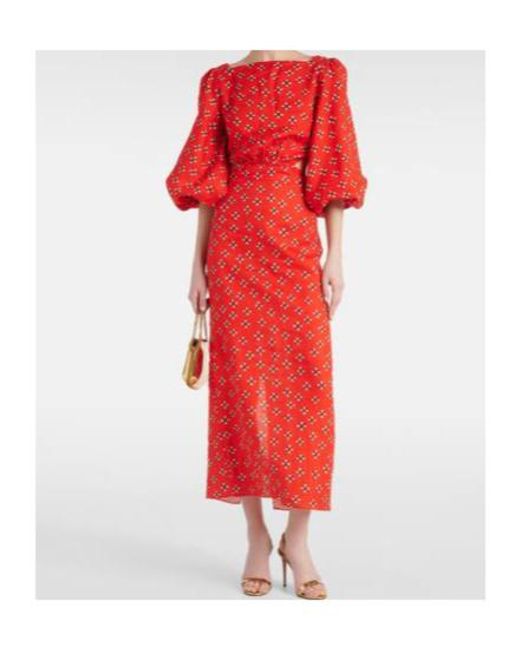 Johanna Ortiz Red Printed Linen Midi Dress
