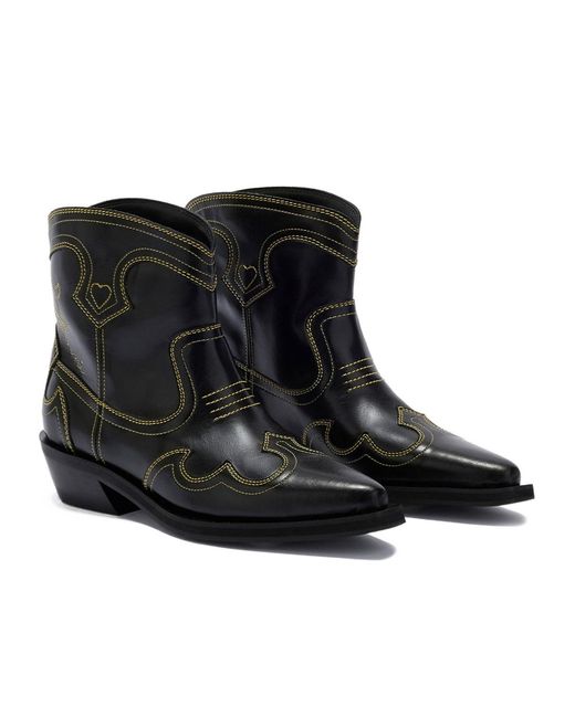 Ganni Black Low Shaft Embroidered Western Boots