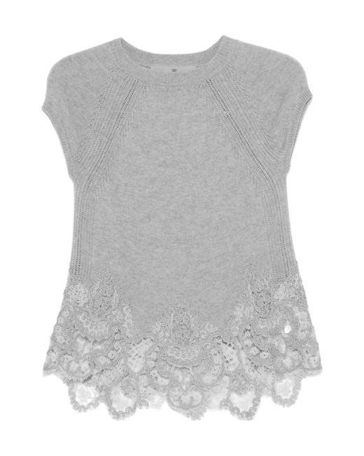 Ermanno Scervino Gray Lace-Trimmed Knit Top