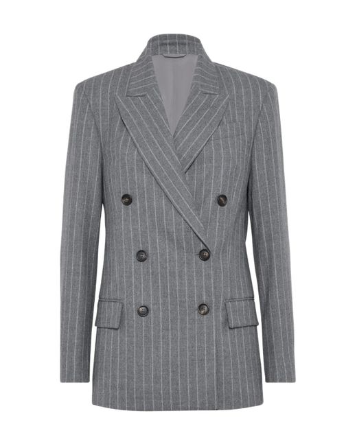 Brunello Cucinelli Gray Pinstripe Double-Breasted Blazer