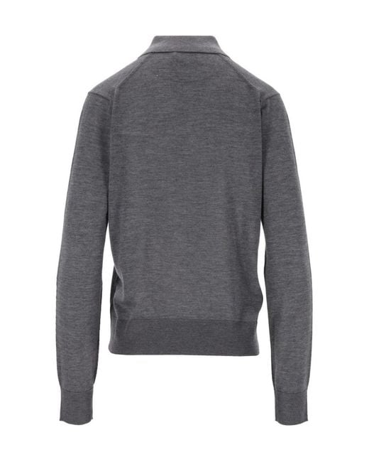 Loulou de Saison Gray Fine-Knit Long-Sleeve Polo Shirt