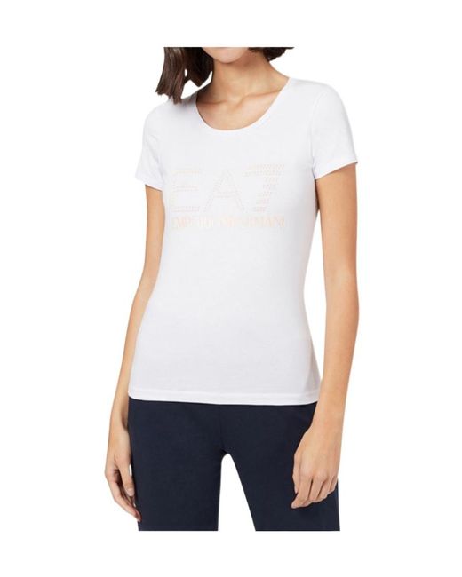 EA7 White T-Shirt With Round Neck And Short Sleeves