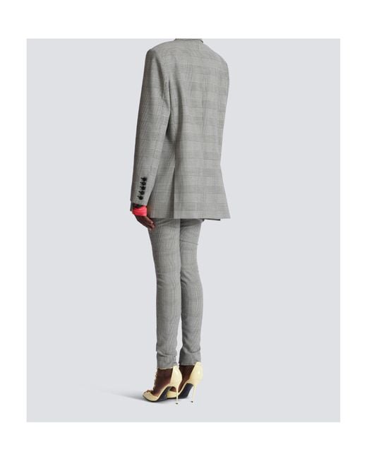 Balmain Gray Houndstooth Double-Breasted Wool-Blend Blazer