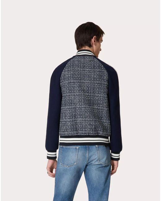 Valentino Blue Logo Embroidered Zip-Up Tweed Jacket for men