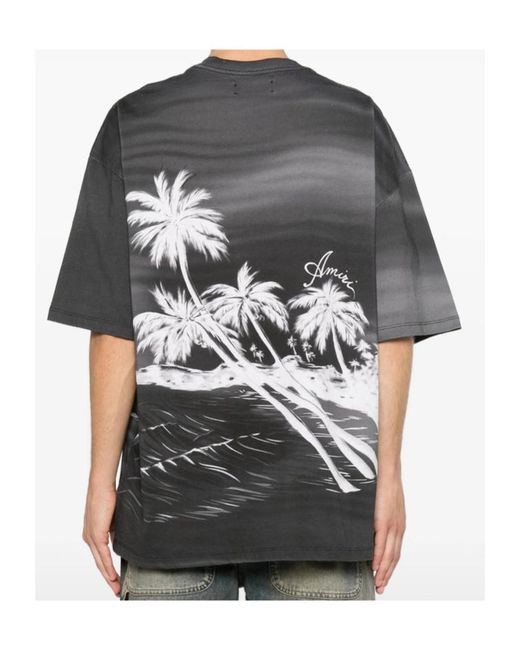 Amiri Gray Palm Tree Printed Crewneck T-Shirt for men
