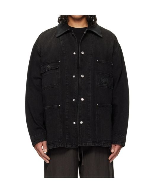 Wooyoungmi Black Leather Collar Washed Denim Jacket for men