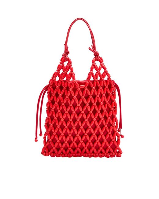 Staud Red Karla Leather And Wooden-Bead Top Handle Bag