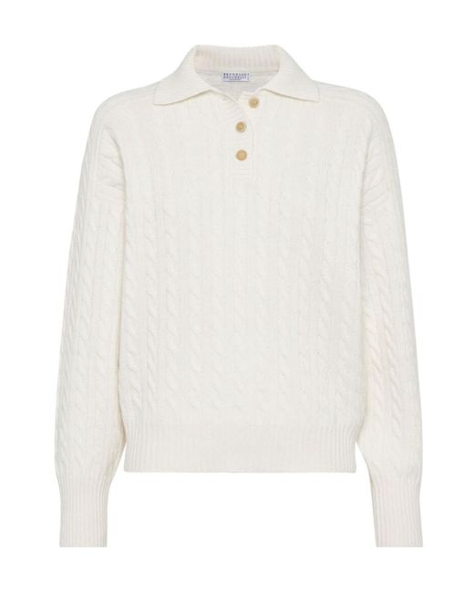Brunello Cucinelli White Cable-Knit Cashmere Jumper